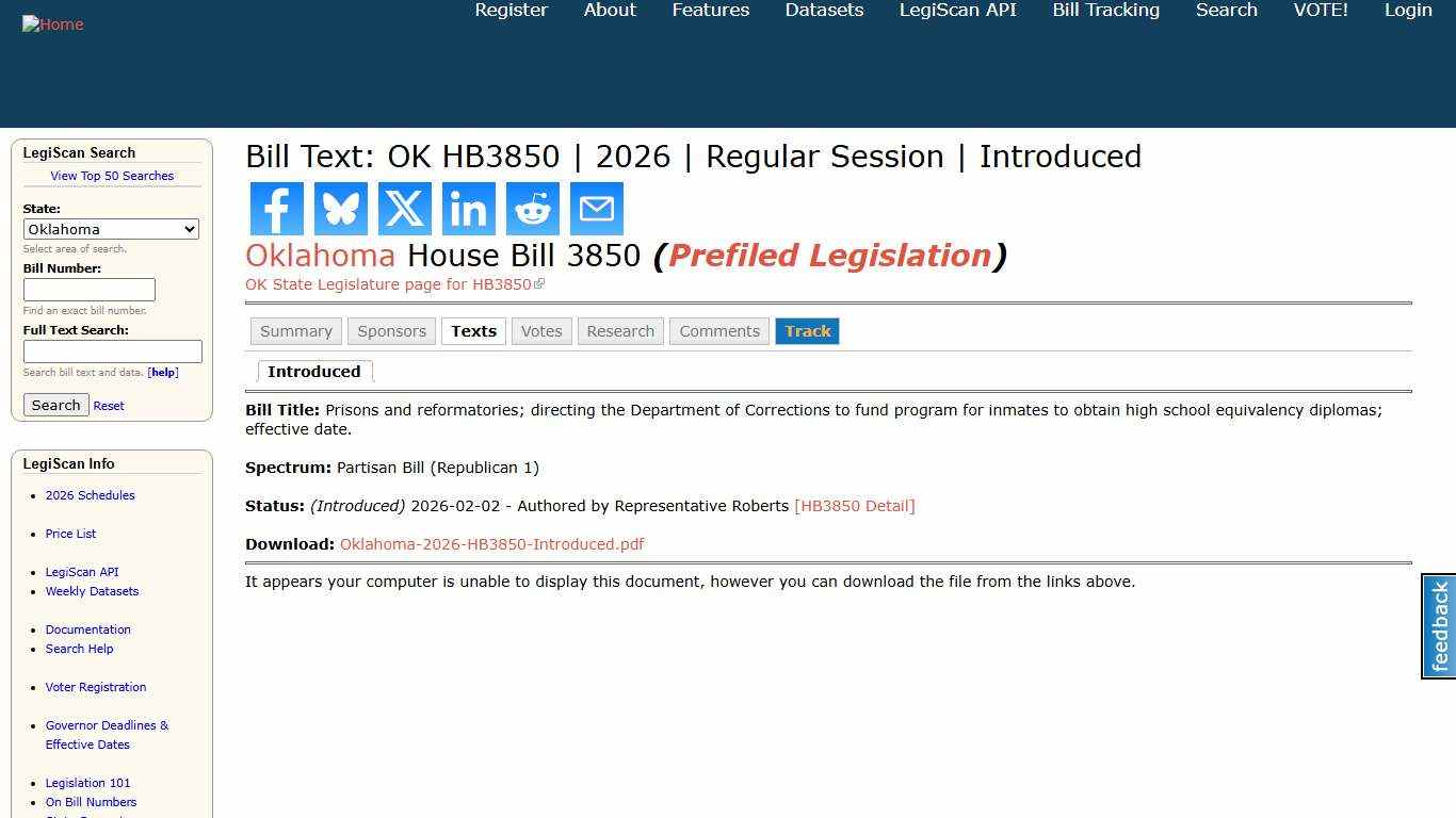 Bill Text: OK HB3850 2026 Regular Session Introduced LegiScan